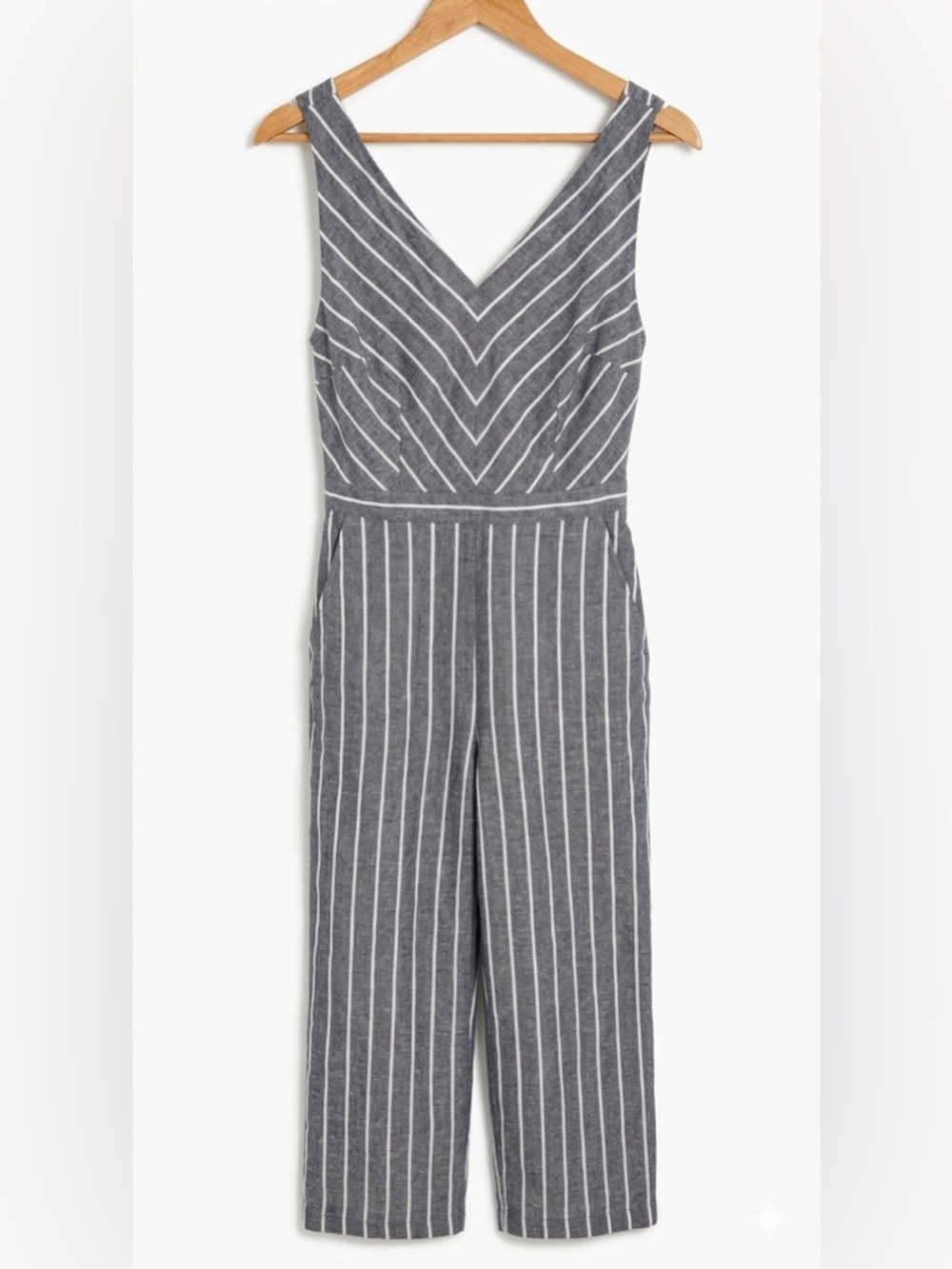 LOFT Navy and White Striped Linen Blend Chambray Jumpsuit